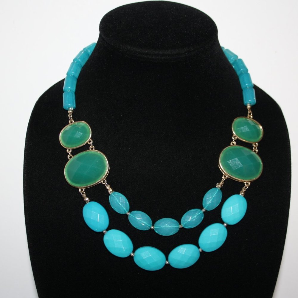 Stunning gold and turquoise teal statement layered necklace 16-20"